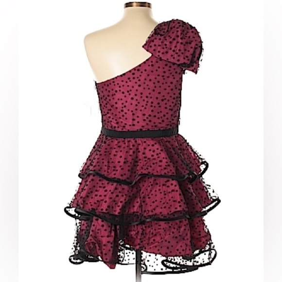 Pearl Georgina Chapman black & pink polkadot ruffle one shoulder Cocktail Dress - Picture 2 of 8